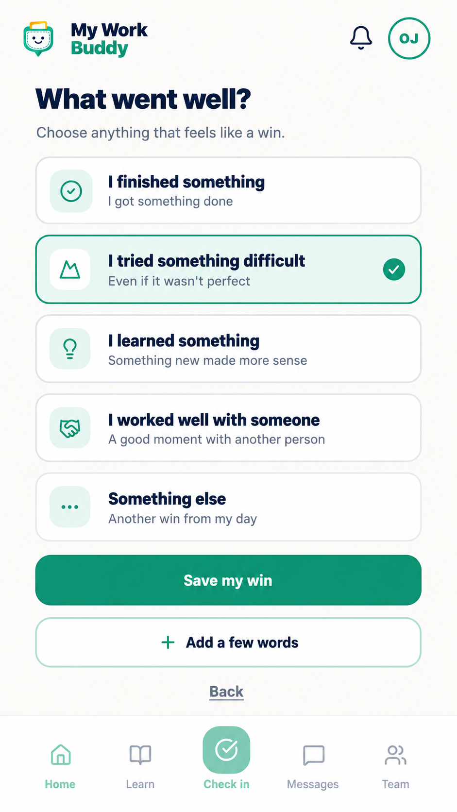 My Work Buddy app showing the What went well check-in screen