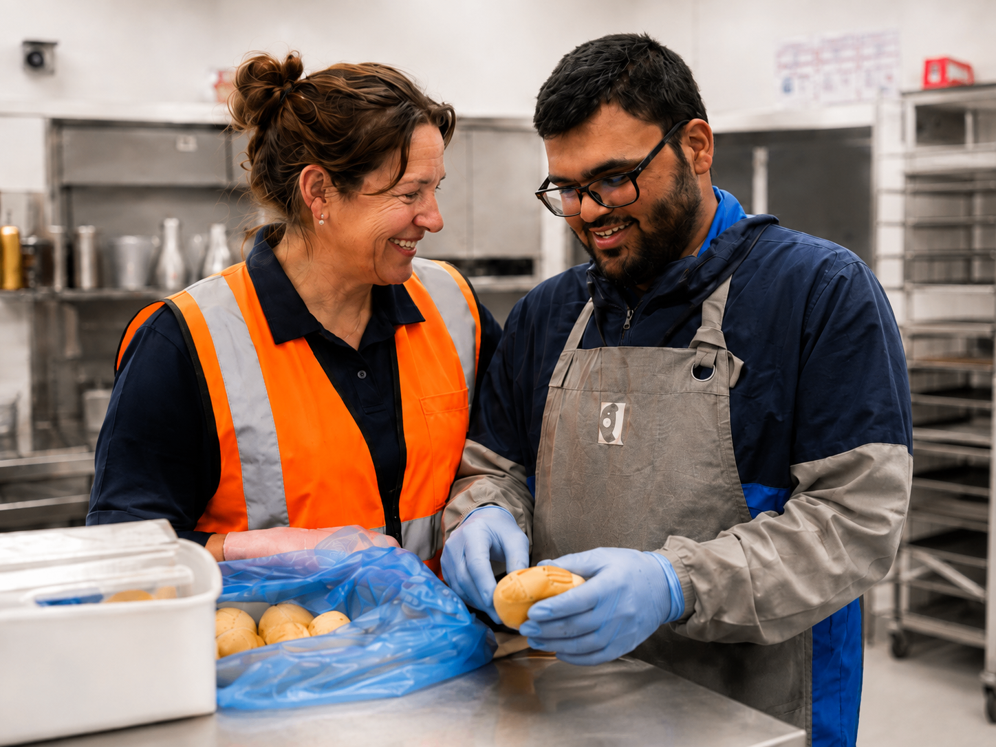 A supervisor and an intern working together in a commercial kitchen