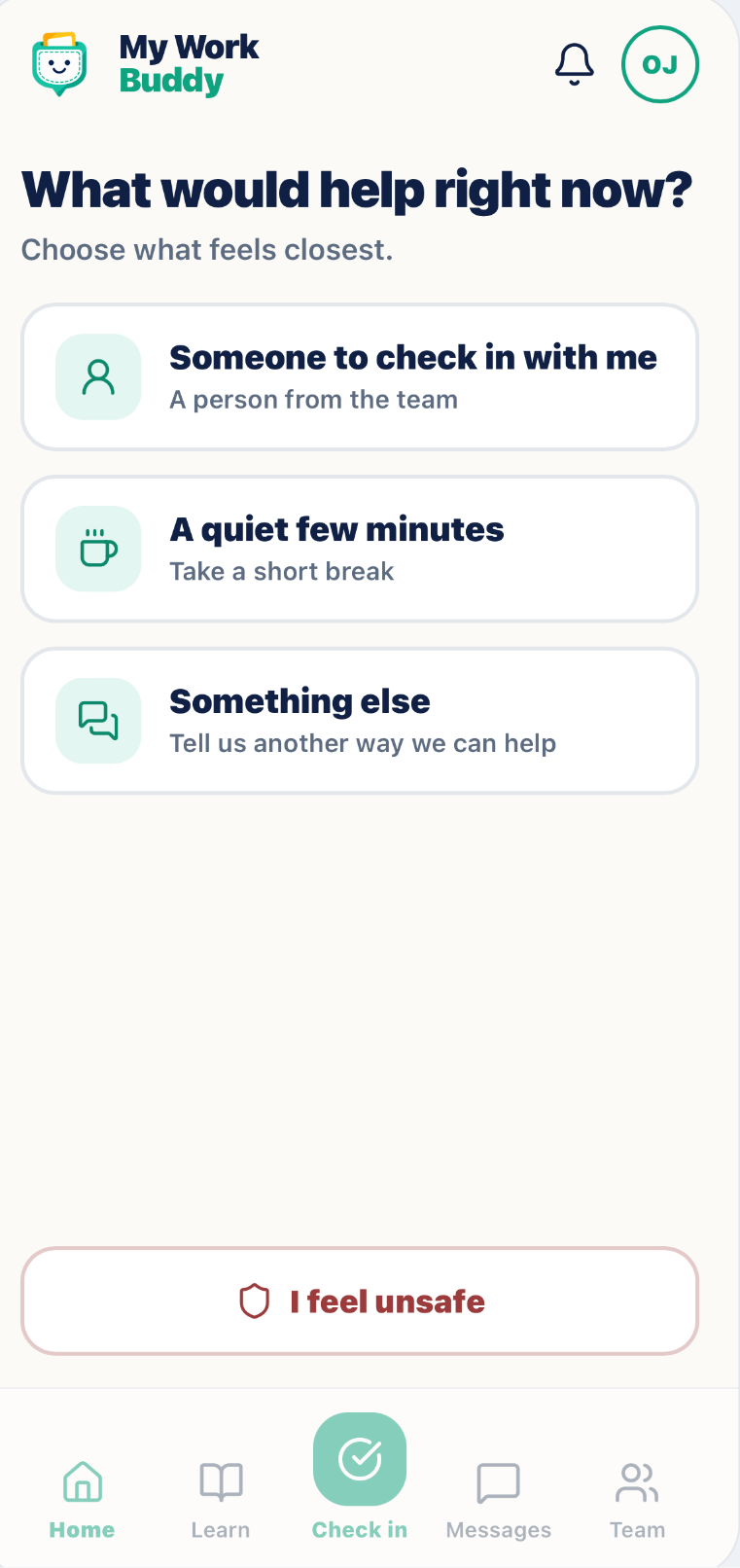 My Work Buddy app showing the ask for support screen