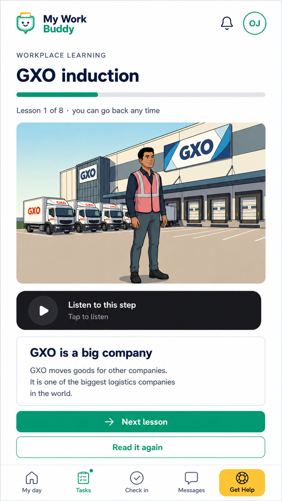My Work Buddy app showing the GXO induction workplace learning lesson