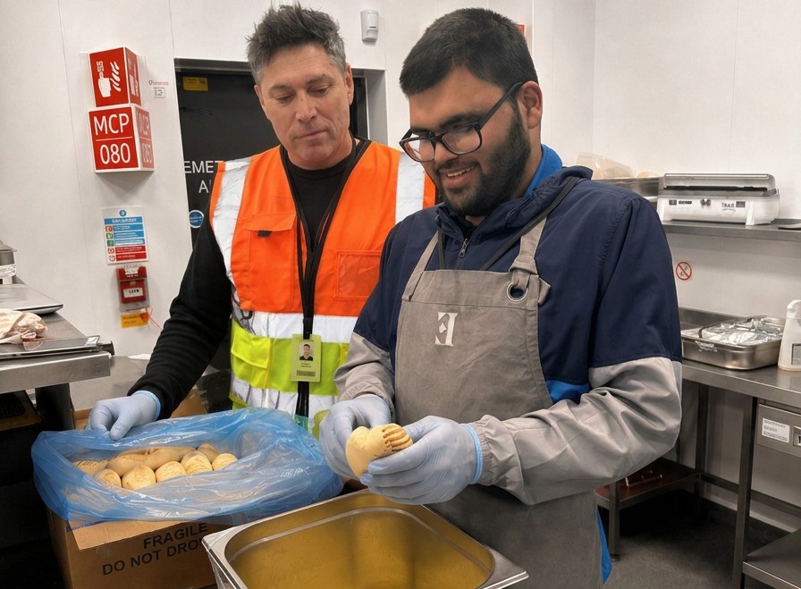 A workplace supporter and a young adult preparing food together in a commercial kitchen