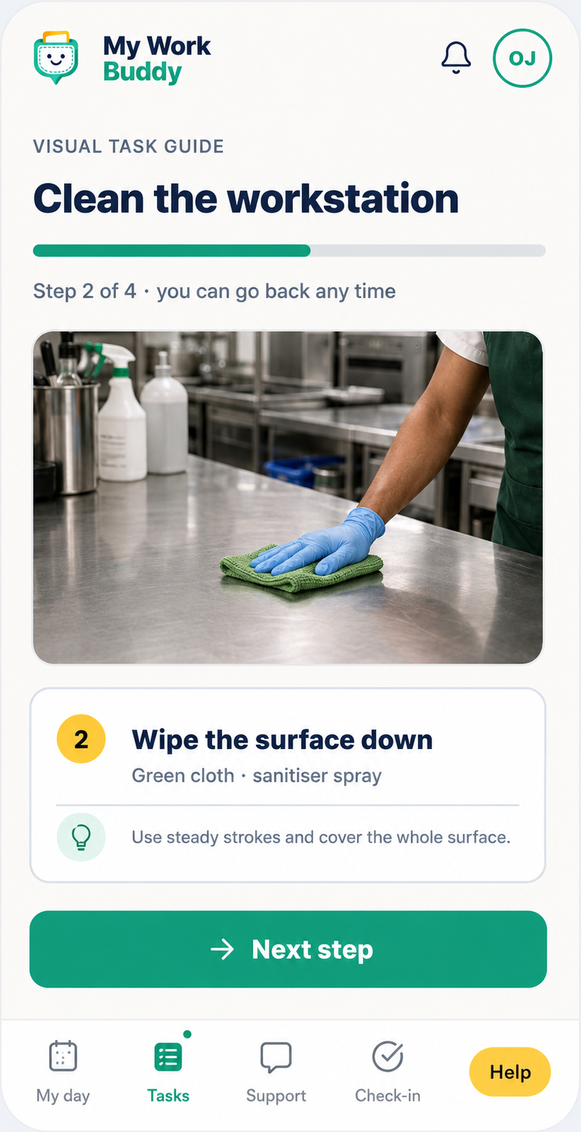 My Work Buddy app showing the clean the workstation task guide