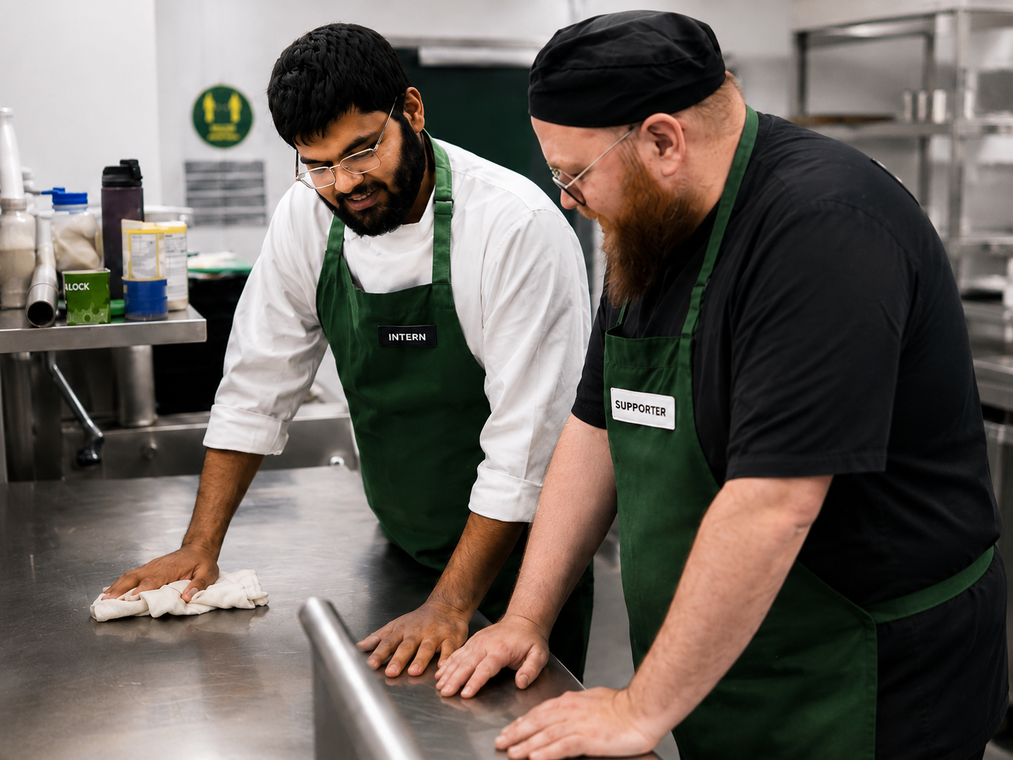 A supported intern and a colleague cleaning down a stainless steel kitchen workstation together