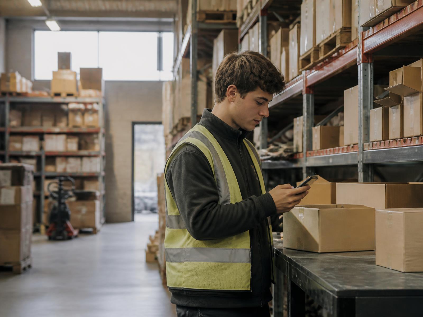 A young adult in a warehouse checking their phone beside a packing bench